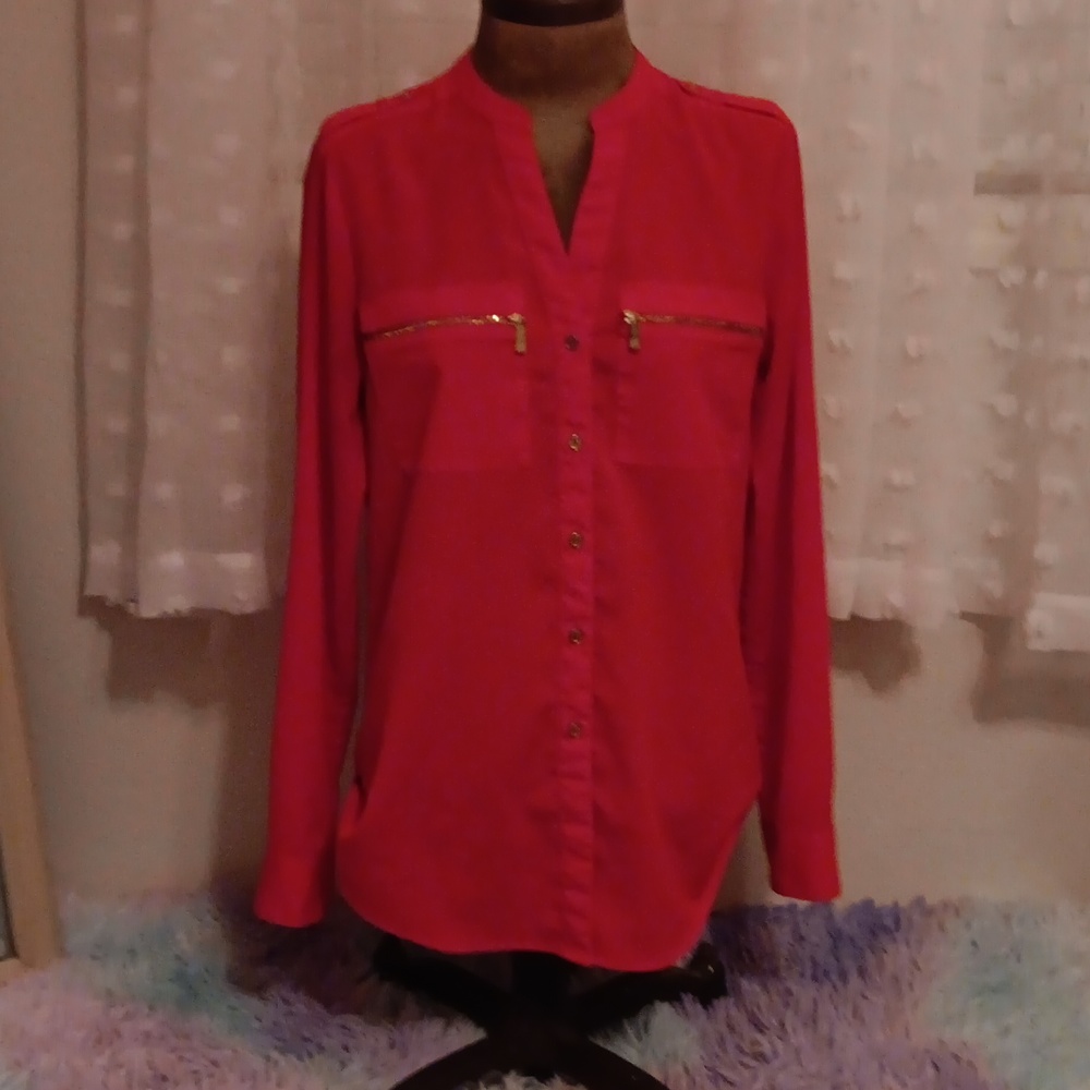 Red Calvin Klein Blouse w/gold buttons